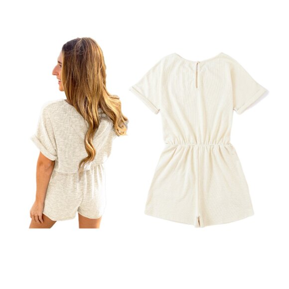 🤎 Beige Ribbed Elastic Waist Romper – Sizes M, L, XL - Picture 2 of 4